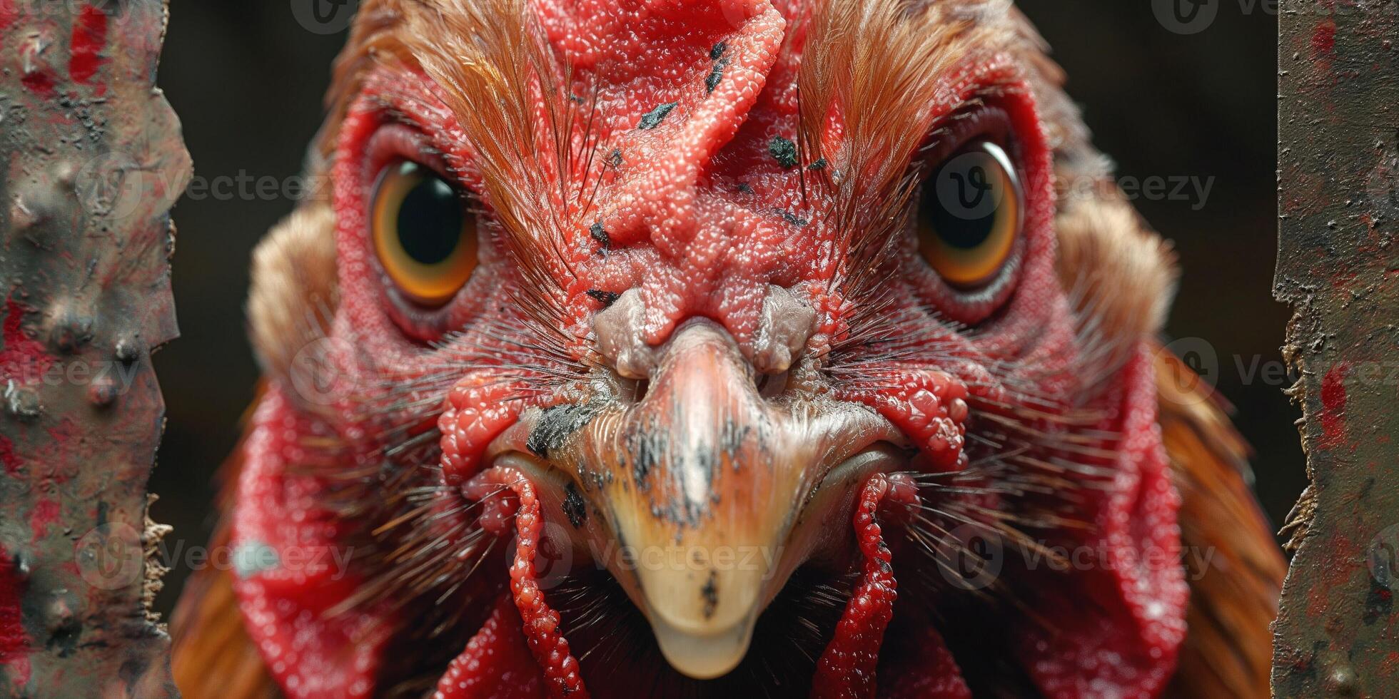 Close-up of a vibrant red chicken, showcasing its striking plumage and intense gaze. photo