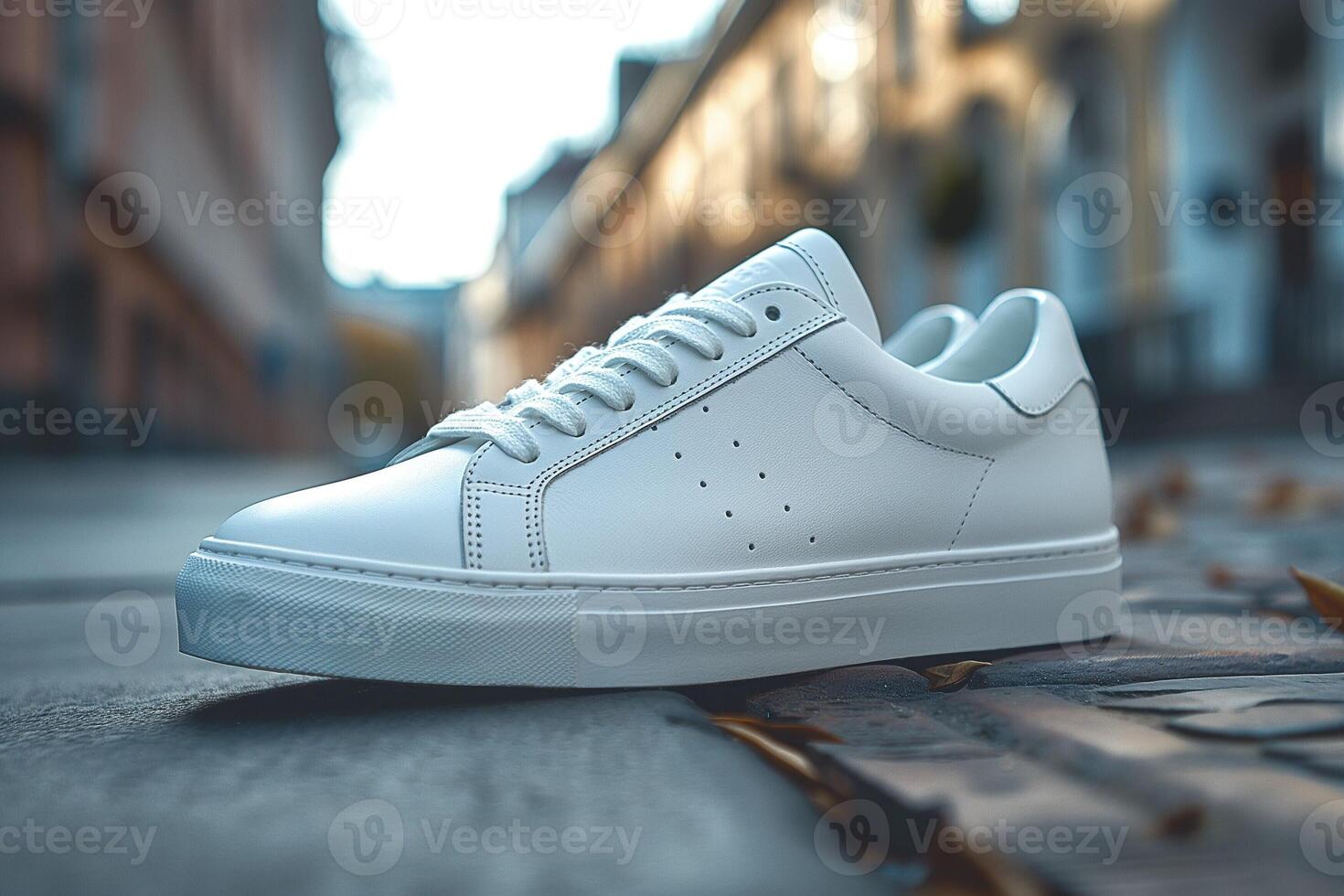 Stylish white sneakers showcased on a city sidewalk during golden hour. photo