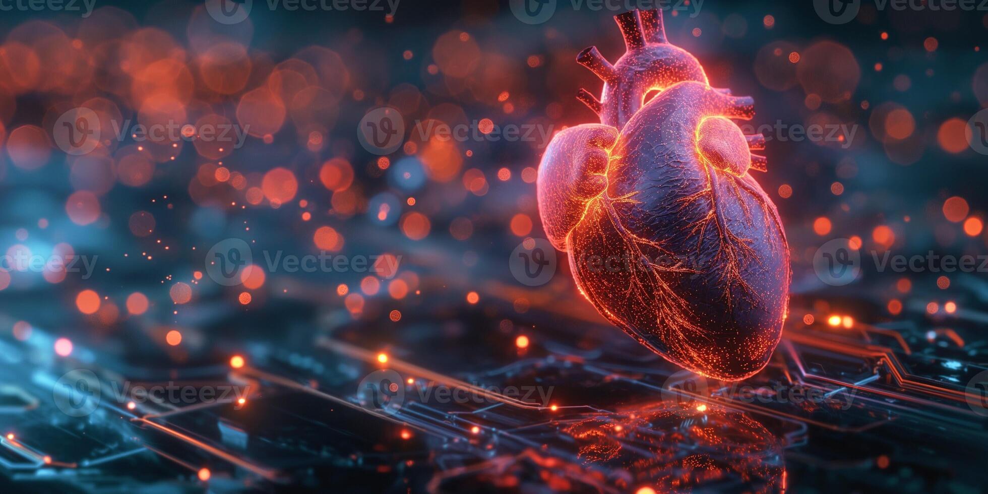 A glowing 3D representation of a human heart on a futuristic circuit board background, blending biology and technology. photo