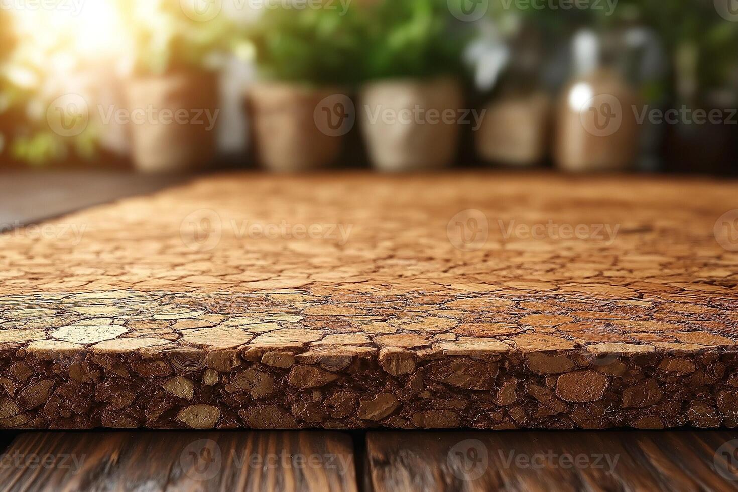 Close-up of a textured cork board on a wooden table, with soft sunlight illuminating the scene. photo