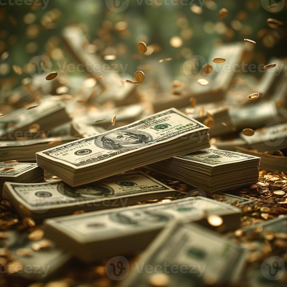 Stacks of dollar bills surrounded by coins, creating a vivid display of wealth and abundance. photo