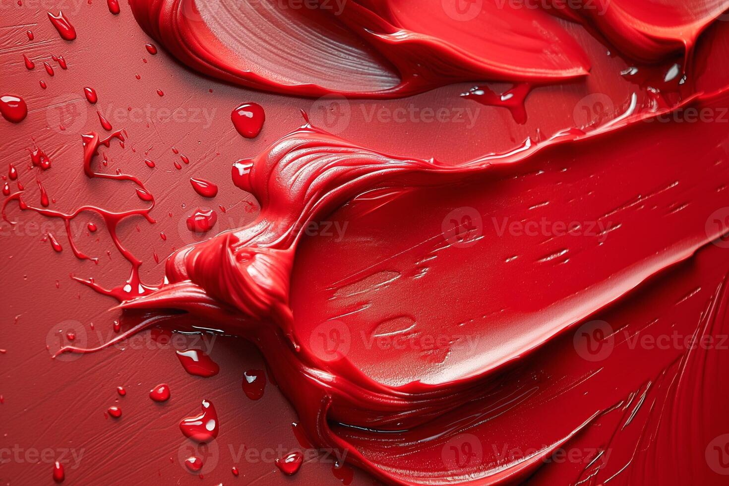 Close-up of vibrant red paint, artistically smeared and splattered on a canvas, creating a dynamic and creative atmosphere. photo