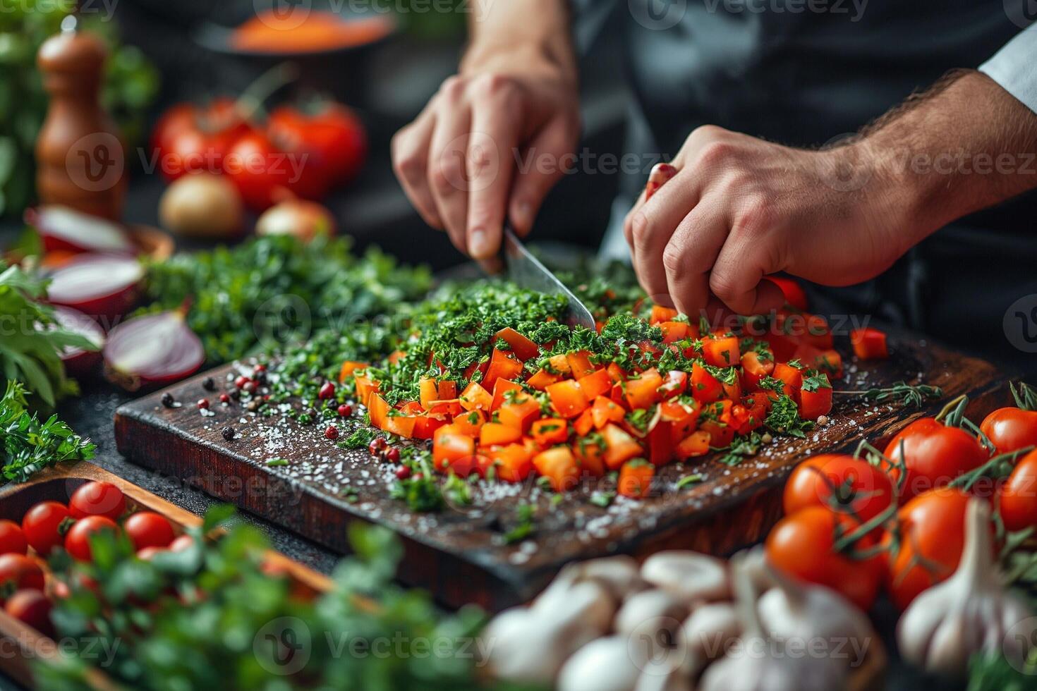 A male chef expertly chops fresh vegetables on a wooden cutting board, surrounded by vibrant ingredients. photo