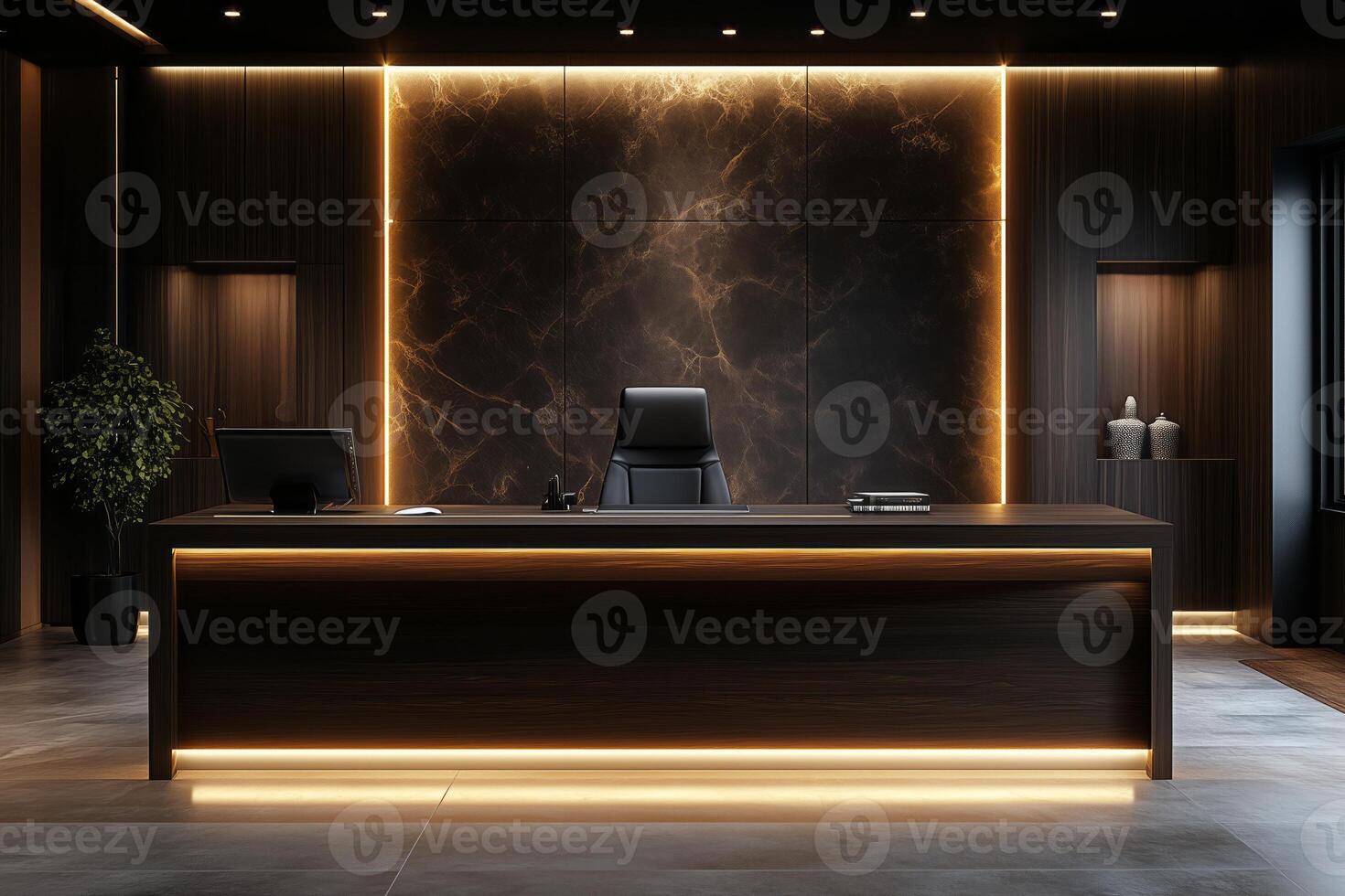 Sleek modern office reception with warm lighting and elegant decor. photo