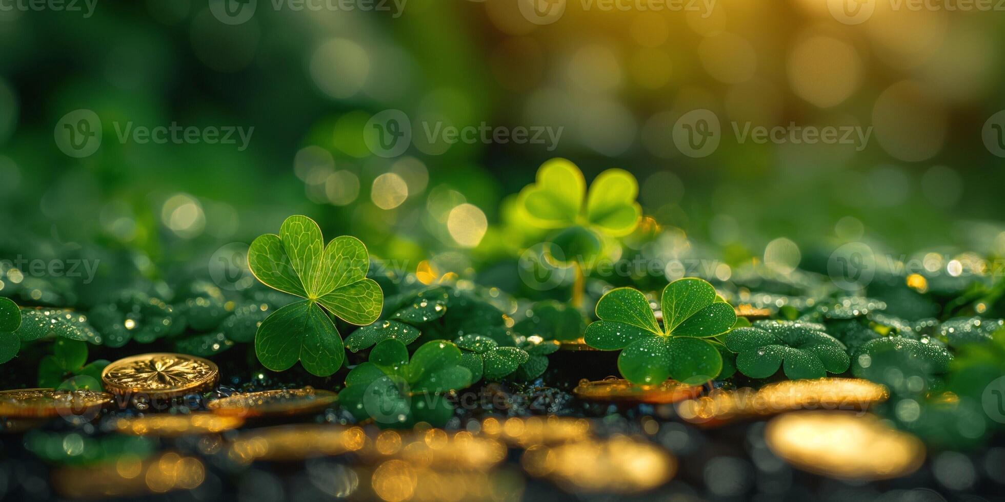 Lush green clovers glisten with dew, surrounded by sparkling gold coins, evoking a sense of luck and prosperity. photo