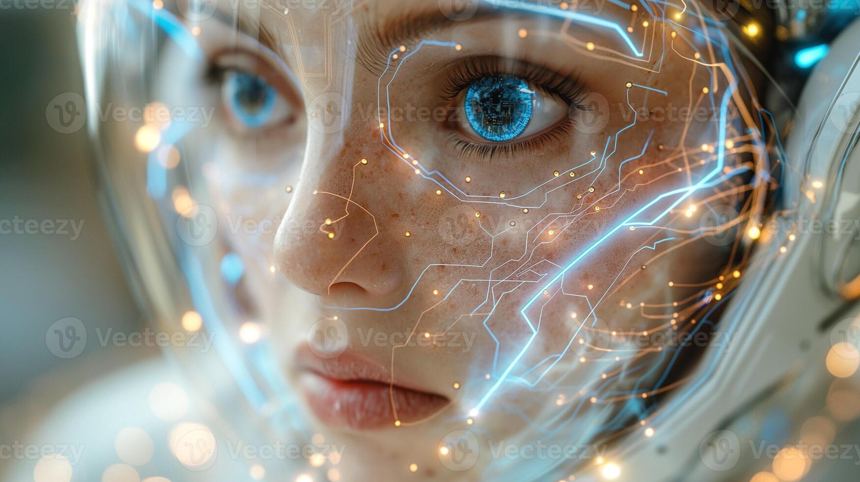 Close-up of a female astronaut with illuminated circuits on her face, portraying a blend of technology and humanity. photo