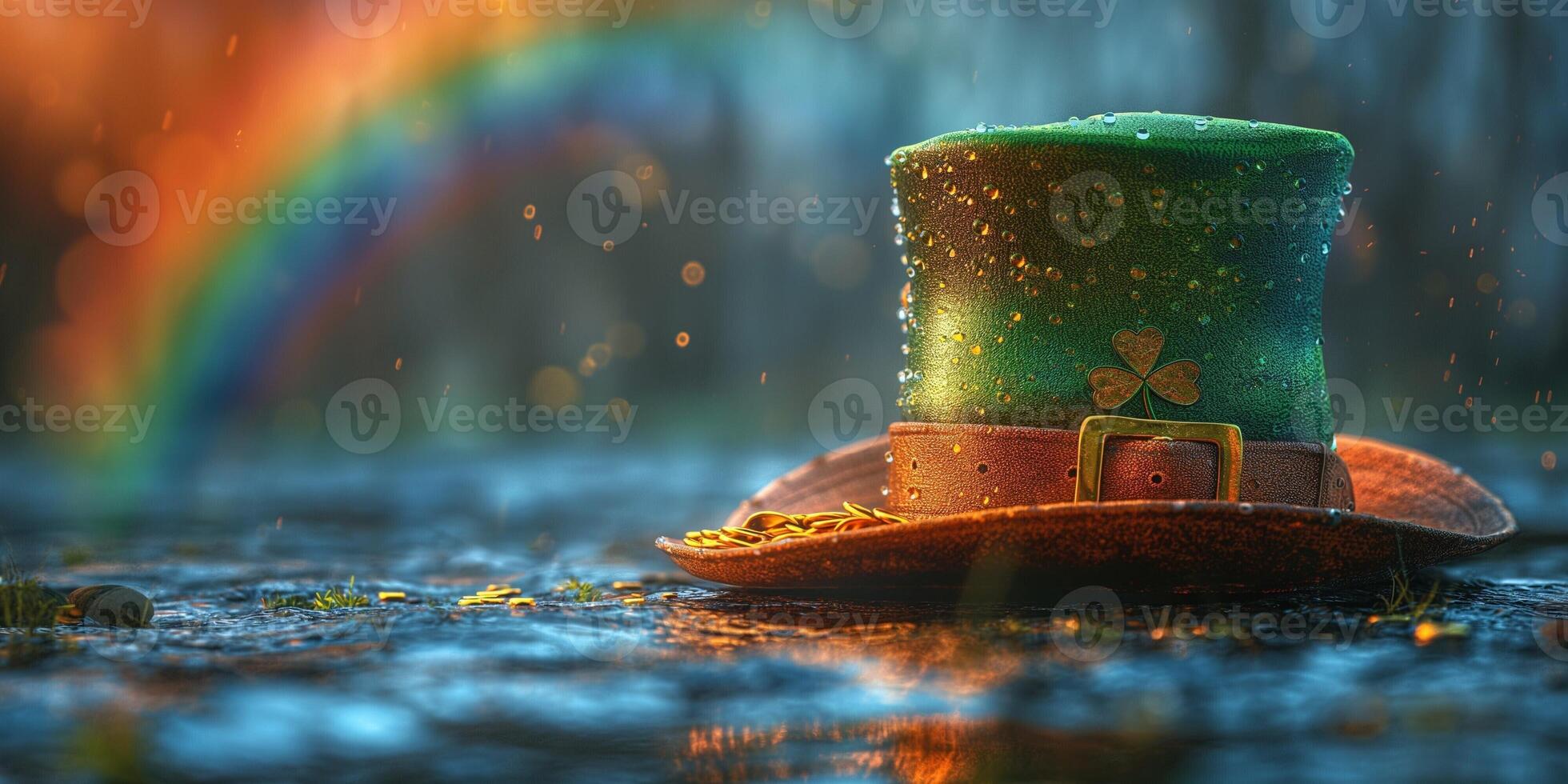 A vibrant green leprechaun hat adorned with a shamrock, resting on a wet surface with raindrops and a rainbow in the background. photo