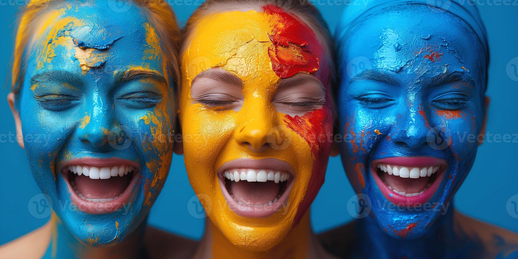 Three joyful women with colorful painted faces, expressing happiness and unity against a vibrant blue background. photo