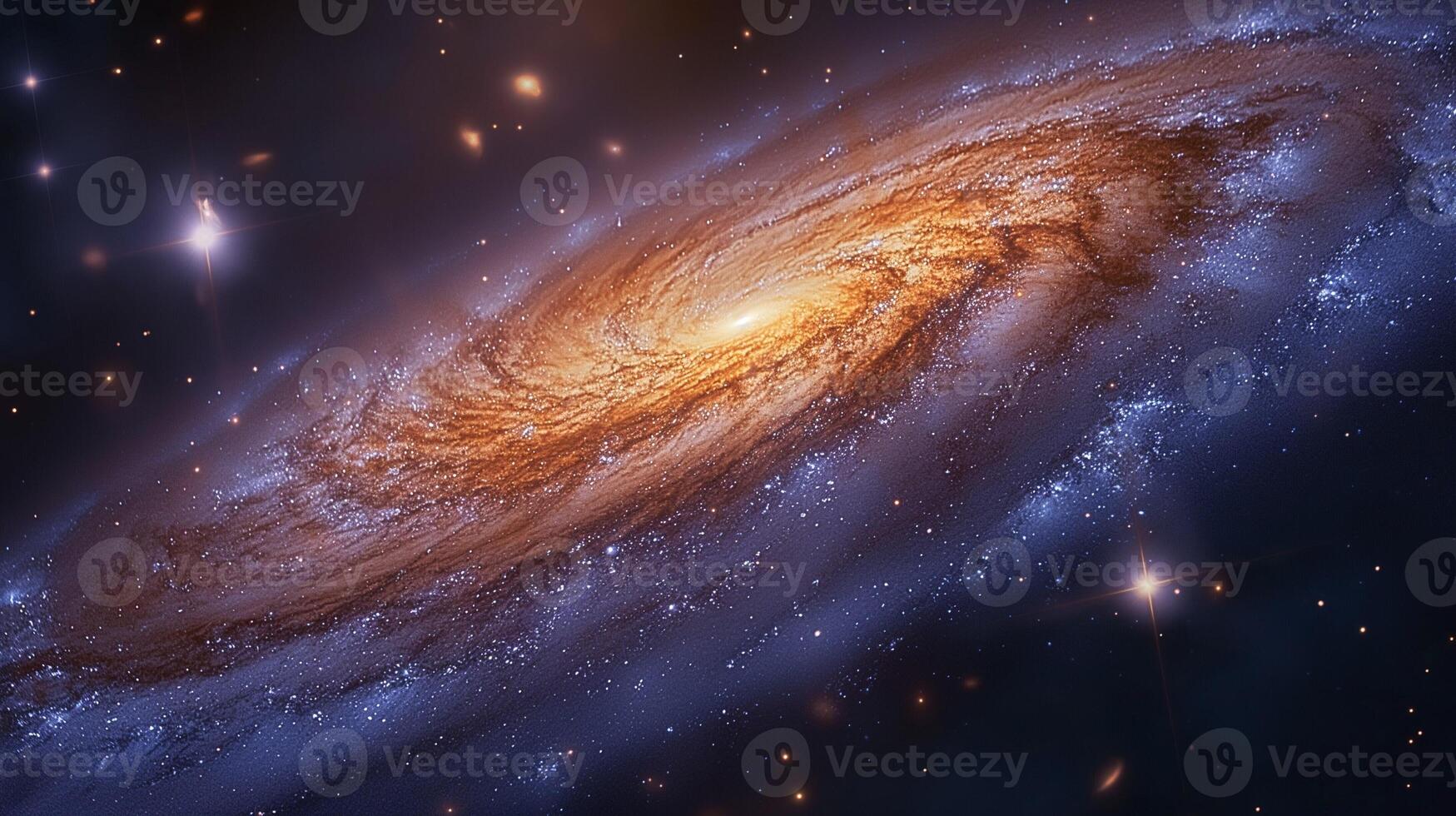 A breathtaking view of a spiral galaxy, showcasing vibrant hues of orange and blue against a starry backdrop. photo