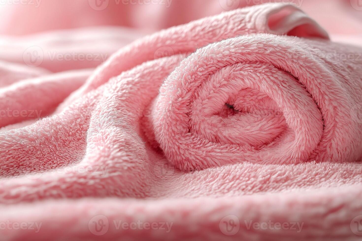 A soft, rolled pink blanket resting on a fluffy surface, exuding comfort and coziness. photo