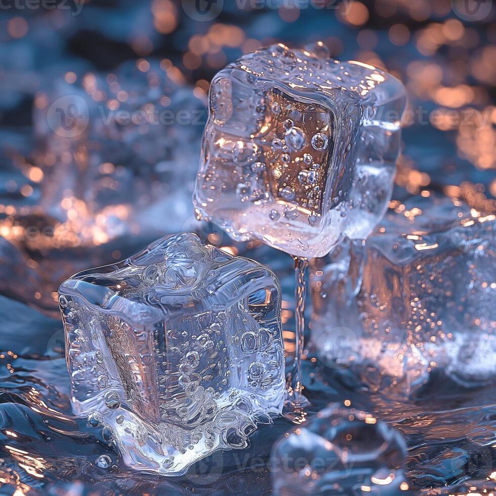 Close-up of melting ice cubes on a shimmering surface, creating a refreshing and cool atmosphere. photo