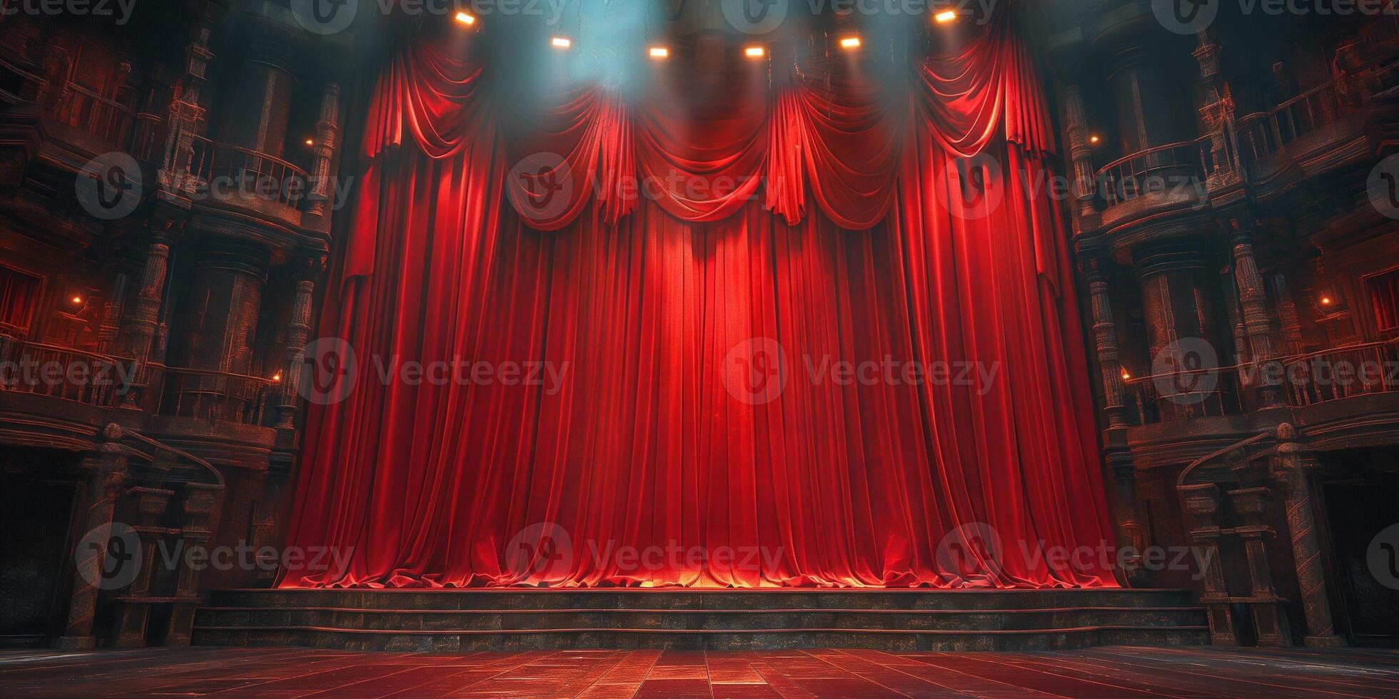 A grand red velvet curtain drapes elegantly on an ornate theater stage, inviting an air of anticipation. photo