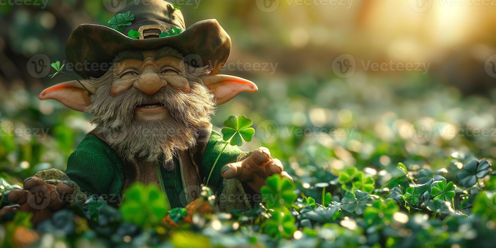 A joyful leprechaun with a bushy beard surrounded by vibrant green clovers in a sunlit forest. photo