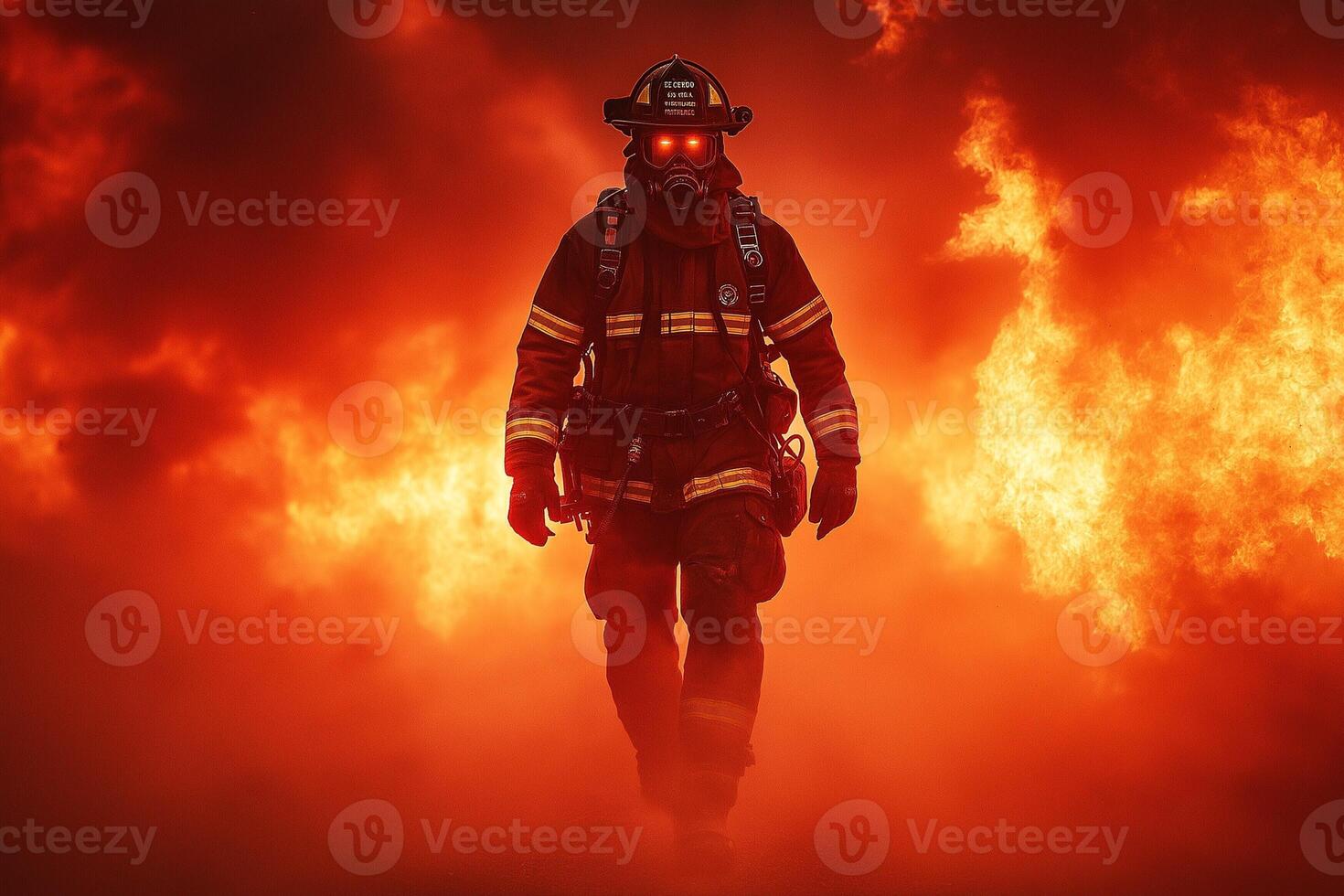 A courageous male firefighter emerges from flames, showcasing resilience against a fiery backdrop. photo