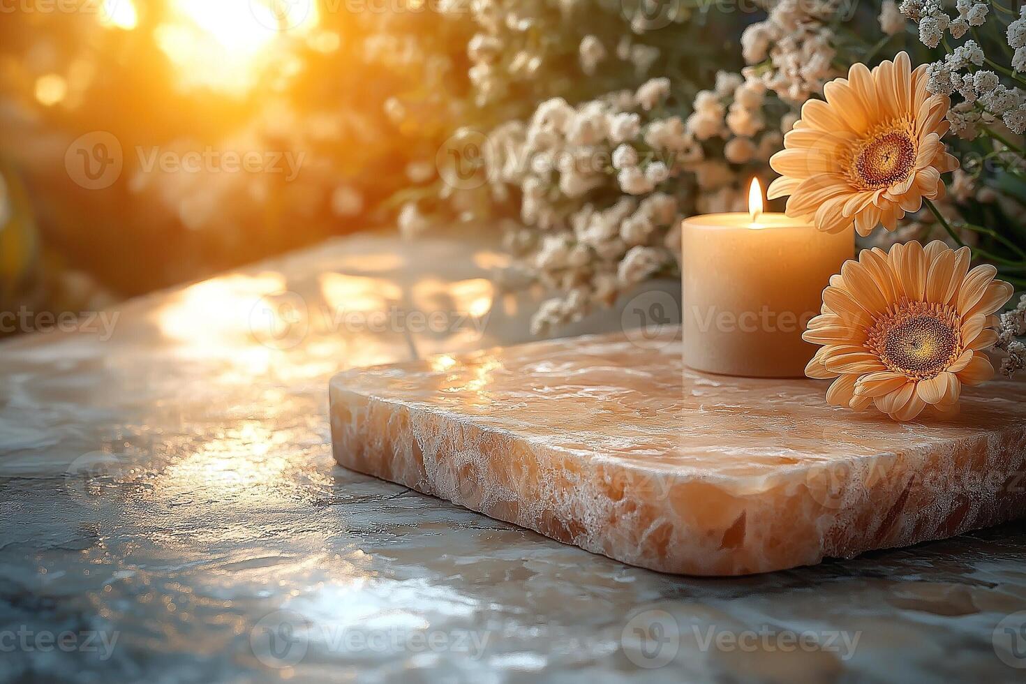 A serene setting with a glowing candle, yellow gerbera daisies, and soft sunlight filtering through a floral arrangement. photo