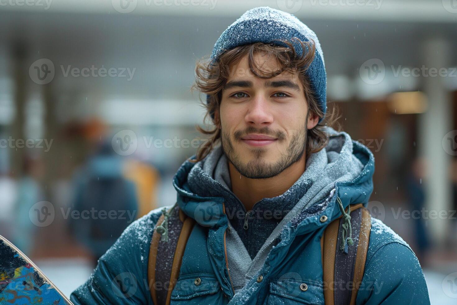A young Hispanic male snowboarder smiles brightly in the snow, showcasing his winter attire and enthusiasm for the sport. photo