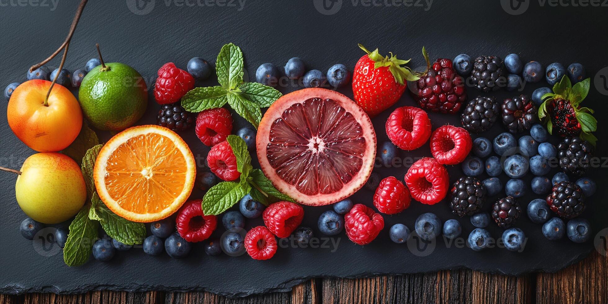 An assortment of vibrant fruits including berries, citrus, and mint, beautifully arranged on a dark slate surface. photo