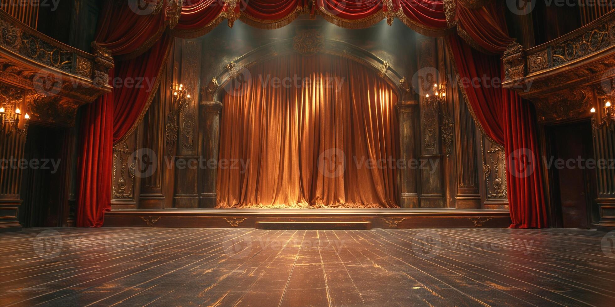 A grand theater stage with rich, red drapes and an illuminated golden curtain, evoking a sense of anticipation and drama. photo