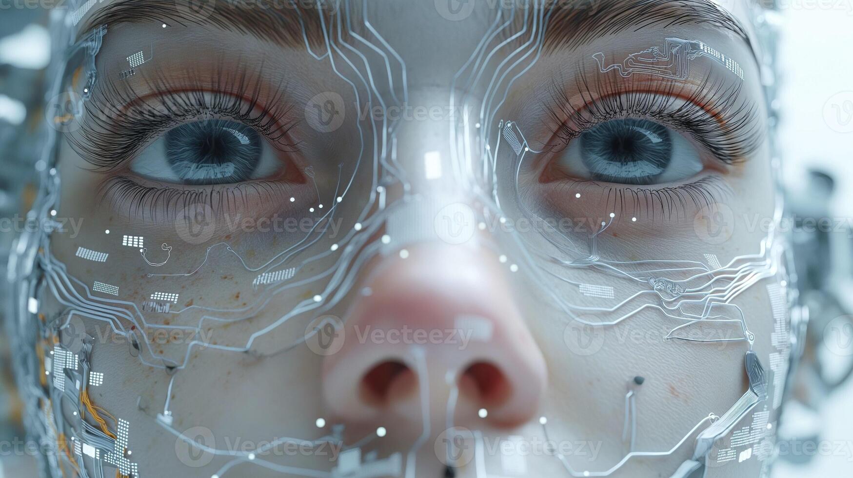 Close-up of a female cyborg with intricate circuitry overlaid on her face, showcasing human and technological fusion. photo