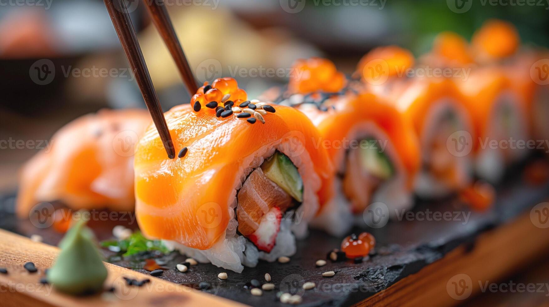 A vibrant sushi platter showcasing fresh salmon rolls adorned with salmon roe and sesame seeds. photo