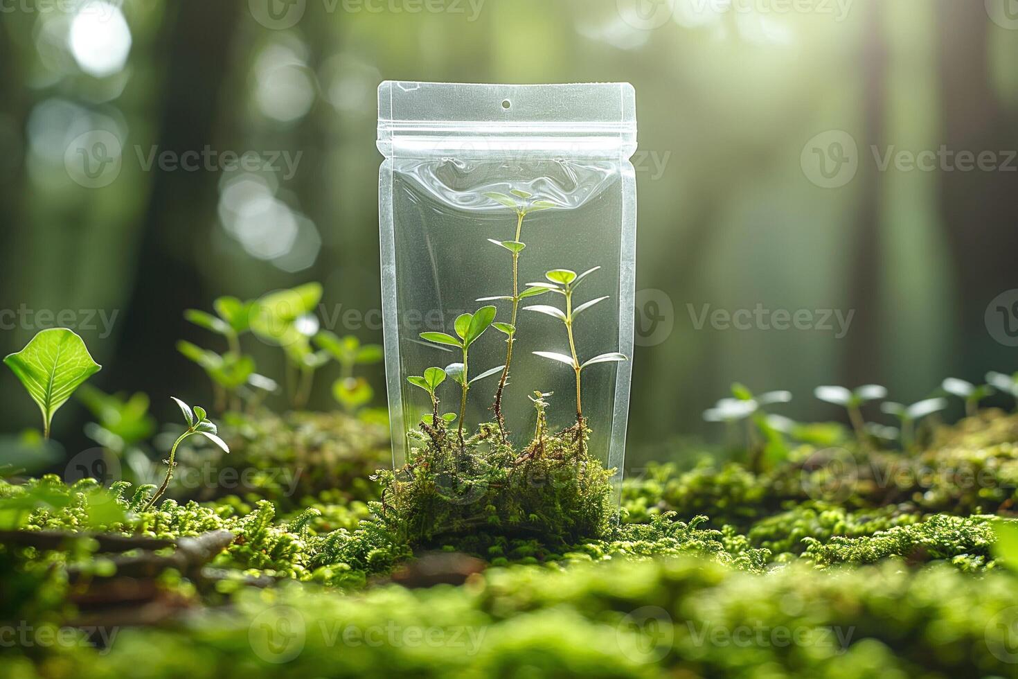 A close-up of young green plants growing inside a transparent bag, surrounded by lush moss in a serene forest setting. photo