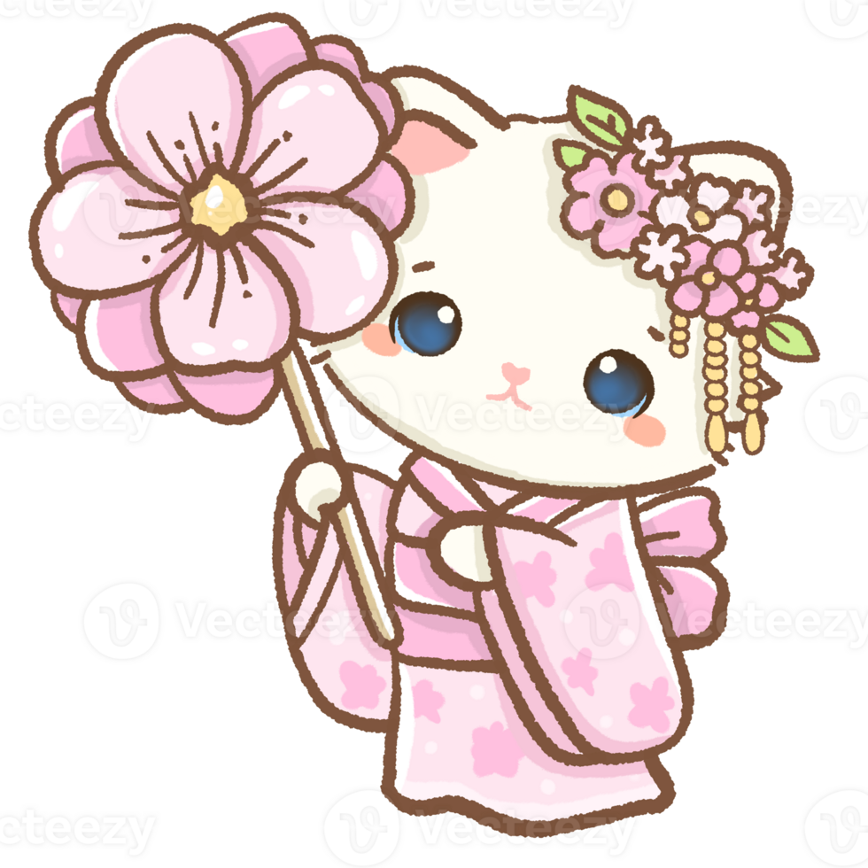 kawaii white cat is holding a giant flowe wearing kimono Hand drawn illustration cherry blossoms Sakura pastel color isolated on transparent background, nursery decorations, spring png