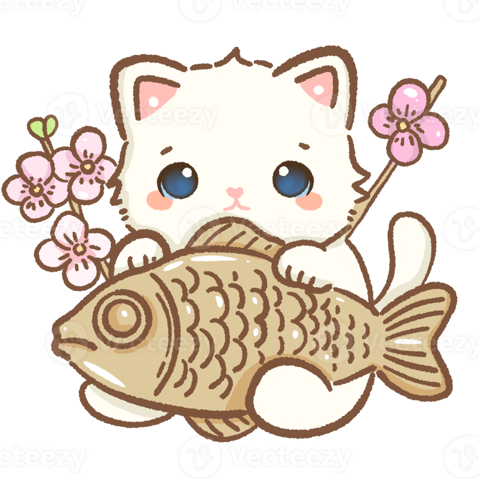 kawaii white cat is holding a giant taiyaki Hand drawn illustration cherry blossoms Sakura pastel color isolated on transparent background, nursery decorations, spring png