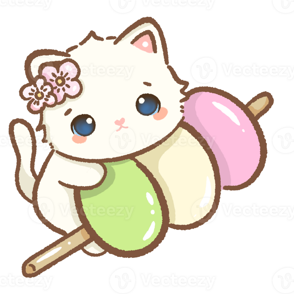 kawaii white cat is on a giant tricolor dango Hand drawn illustration cherry blossoms Sakura pastel color isolated on transparent background, nursery decorations, spring png