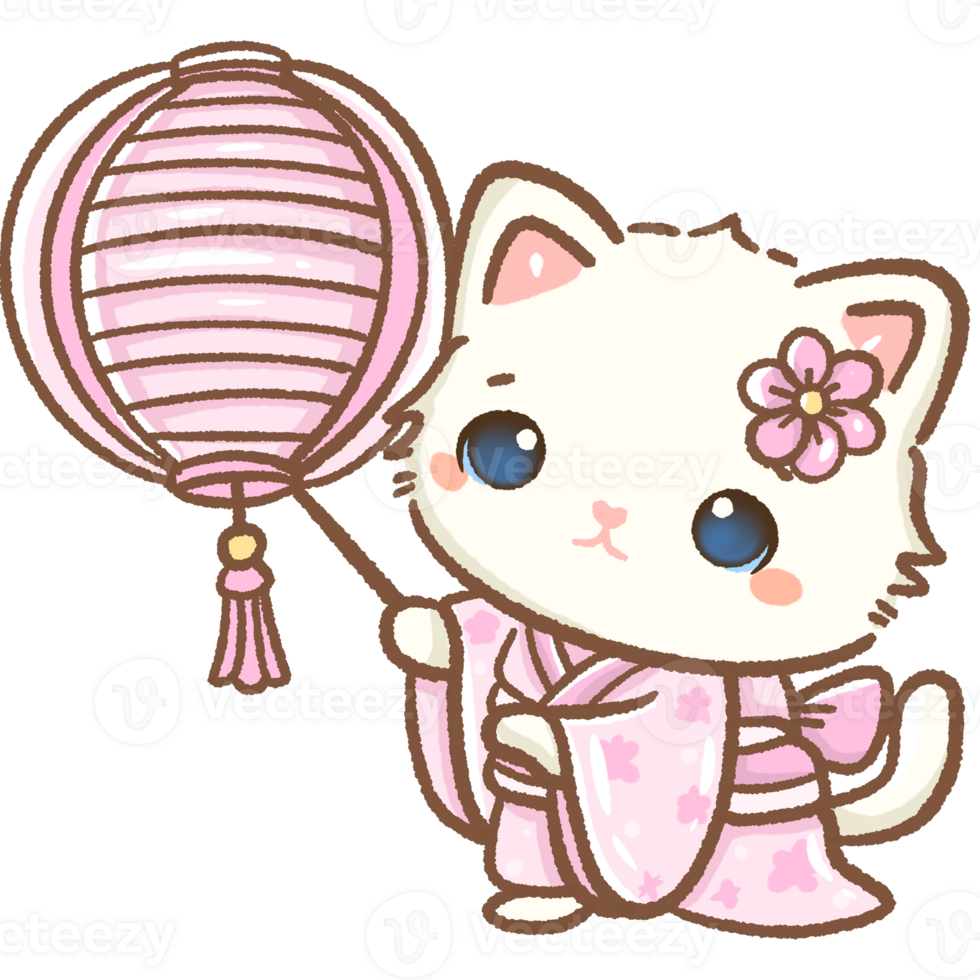 kawaii white cat is floating a pink lantern Hand drawn illustration cherry blossoms Sakura pastel color isolated on transparent background, nursery decorations, spring png