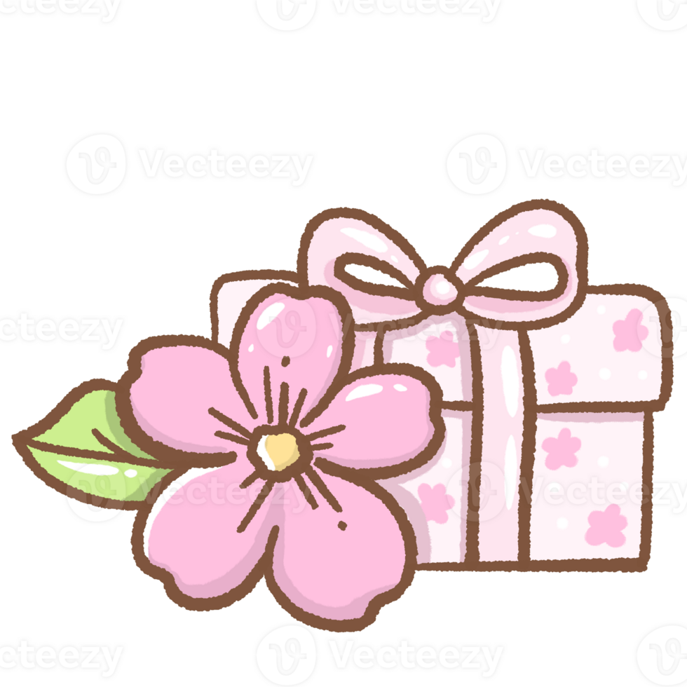 Hand drawn illustration cherry blossoms Sakura with a gift box pastel color isolated on transparent background, nursery decorations, spring png