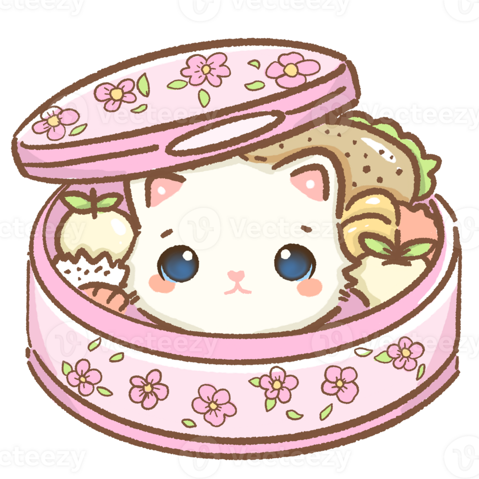 kawaii white cat is in a japanese bento box Hand drawn illustration cherry blossoms Sakura pastel color isolated on transparent background, nursery decorations, spring png