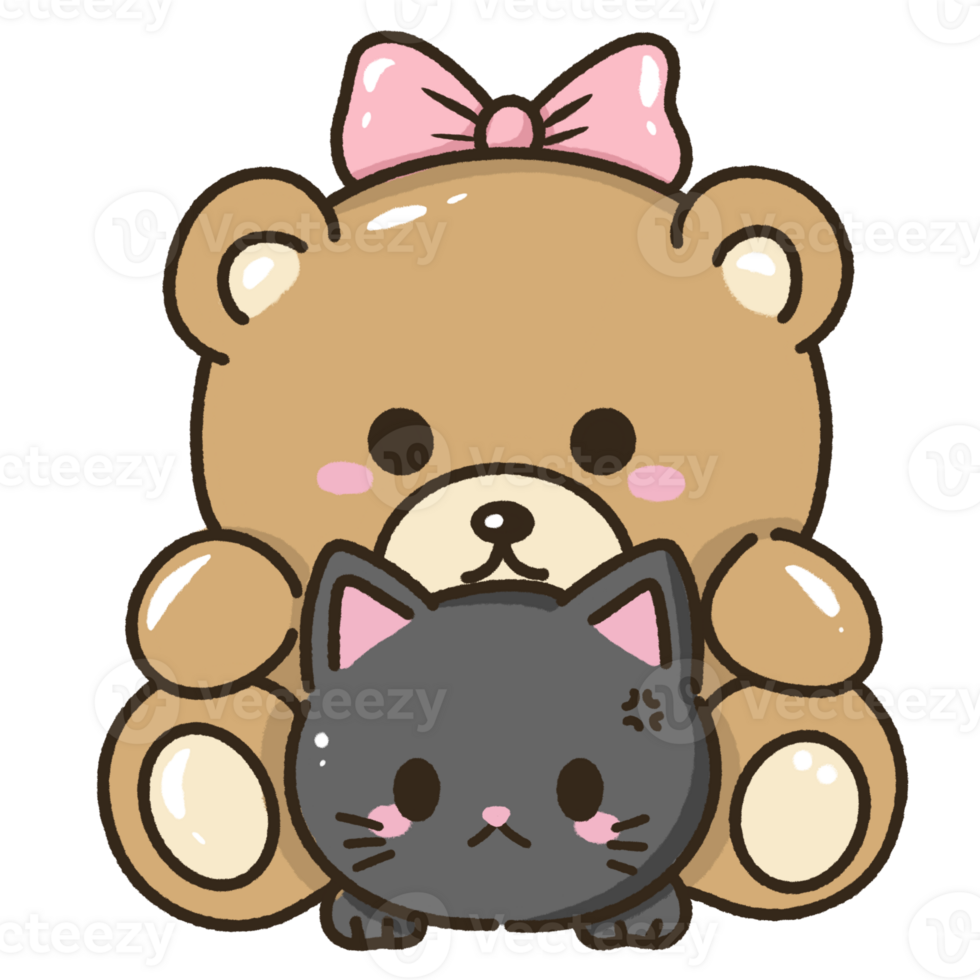 kawaii black cat kitty kitten big teddy bear Hand drawn illustration Valentines day style pastel color isolated on transparent background, perfect for valentines day gifts, nursery decorations png