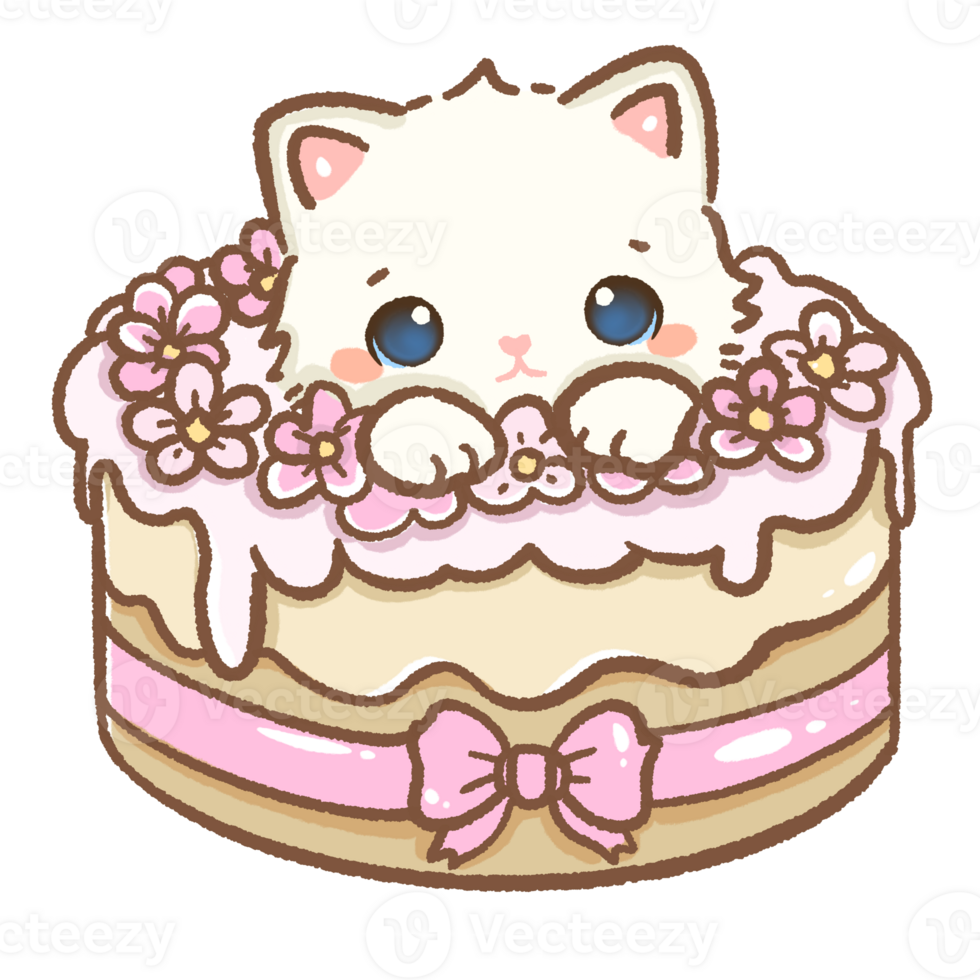 kawaii white cat is popping up from sakura cake Hand drawn illustration cherry blossoms Sakura pastel color isolated on transparent background, nursery decorations, spring png