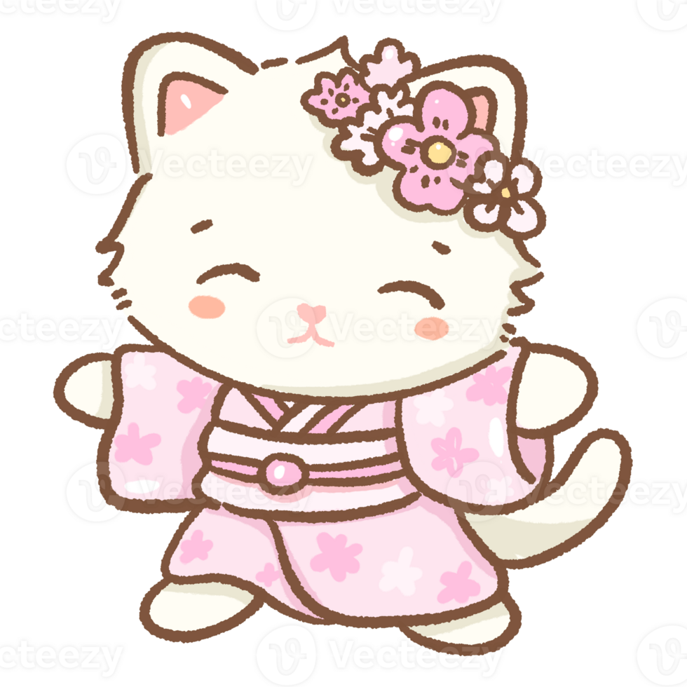 kawaii white cat is wearing a sakura kimono dancing Hand drawn illustration cherry blossoms Sakura pastel color isolated on transparent background, nursery decorations, spring png
