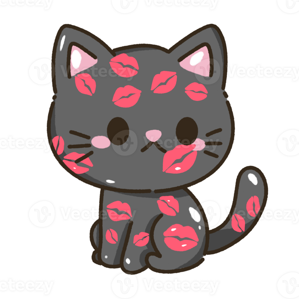 kawaii black cat kitty kitten with kisses marks Hand drawn illustration Valentines day style pastel color isolated on transparent background, perfect for valentines day gifts, nursery decorations png
