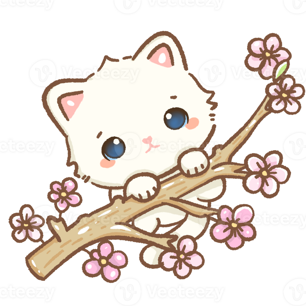 kawaii white cat is hanging on a sakura branch Hand drawn illustration cherry blossoms Sakura pastel color isolated on transparent background, nursery decorations, spring png