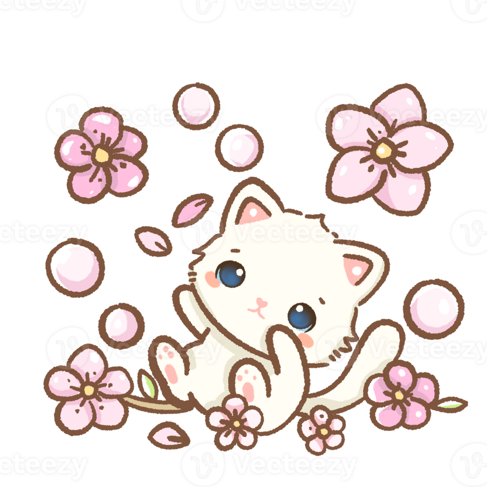 kawaii white cat is playing with sakura petals Hand drawn illustration cherry blossoms Sakura pastel color isolated on transparent background, nursery decorations, spring png