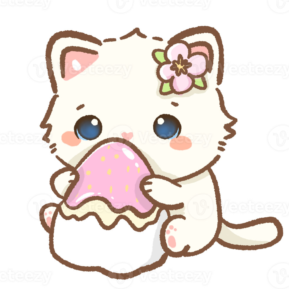 kawaii white cat is holding a giant strawberry daifuku Hand drawn illustration cherry blossoms Sakura pastel color isolated on transparent background, nursery decorations, spring png