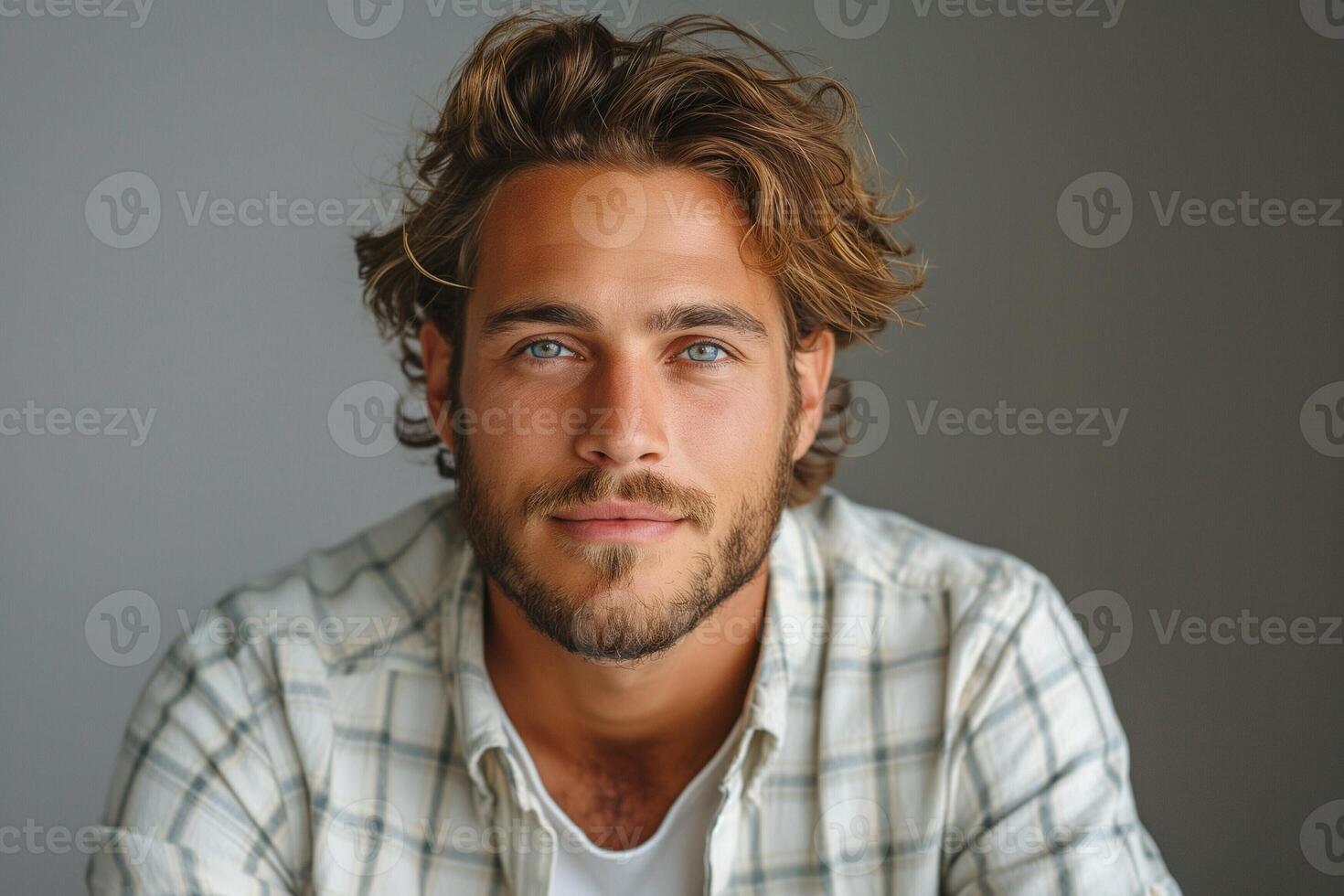 A handsome Caucasian man with striking blue eyes and tousled hair, smiling warmly in a soft-lit setting. photo