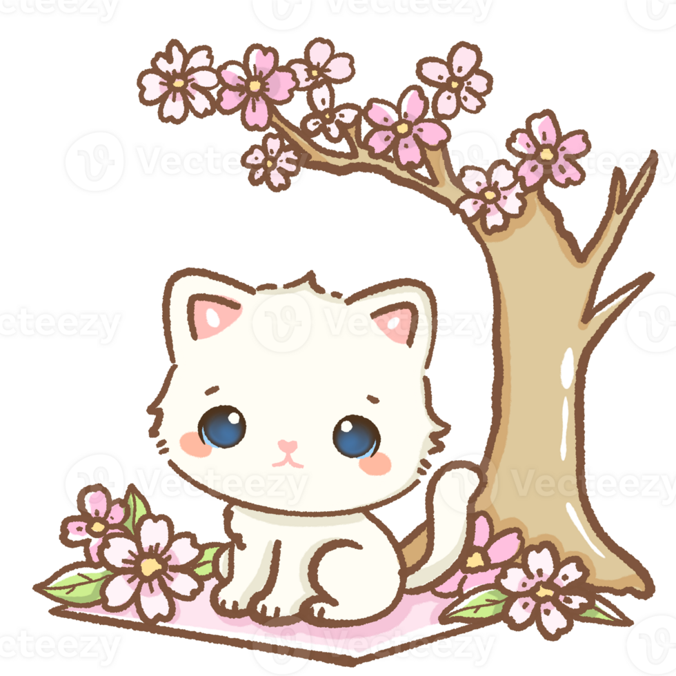 kawaii white cat is under sakura tree Hand drawn illustration cherry blossoms Sakura pastel color isolated on transparent background, nursery decorations, spring png