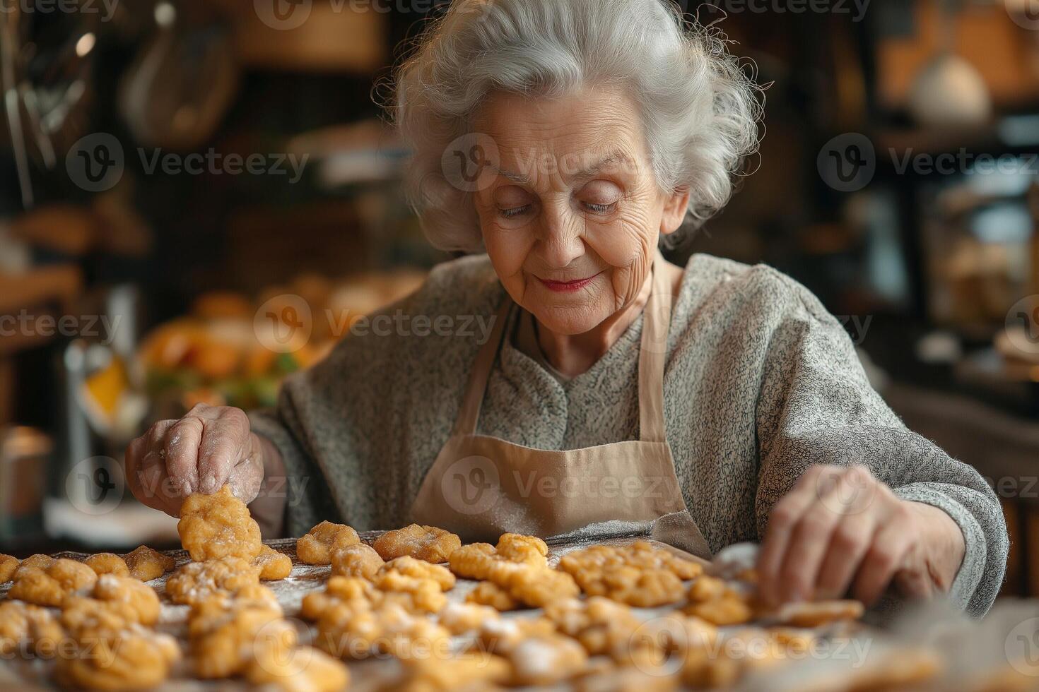 Elderly woman carefully arranging freshly baked pastries in a cozy bakery setting. photo