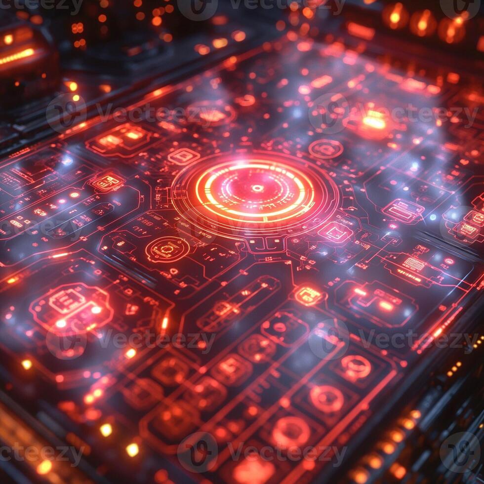 A futuristic digital interface illuminated in vibrant red tones, showcasing intricate circuit patterns and glowing details. photo