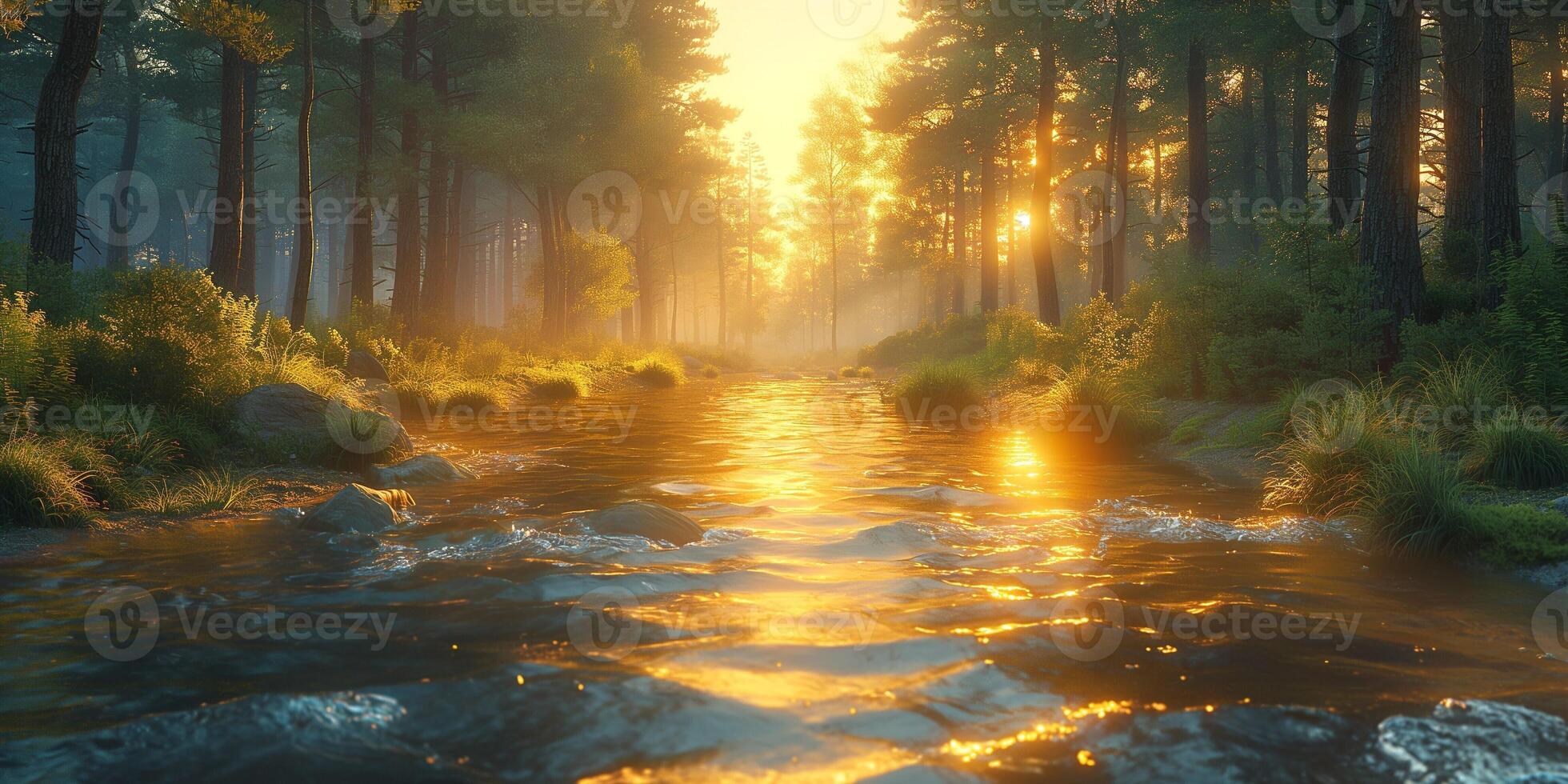 Tranquil forest river at sunrise, with golden light reflecting on the water, surrounded by lush greenery. photo