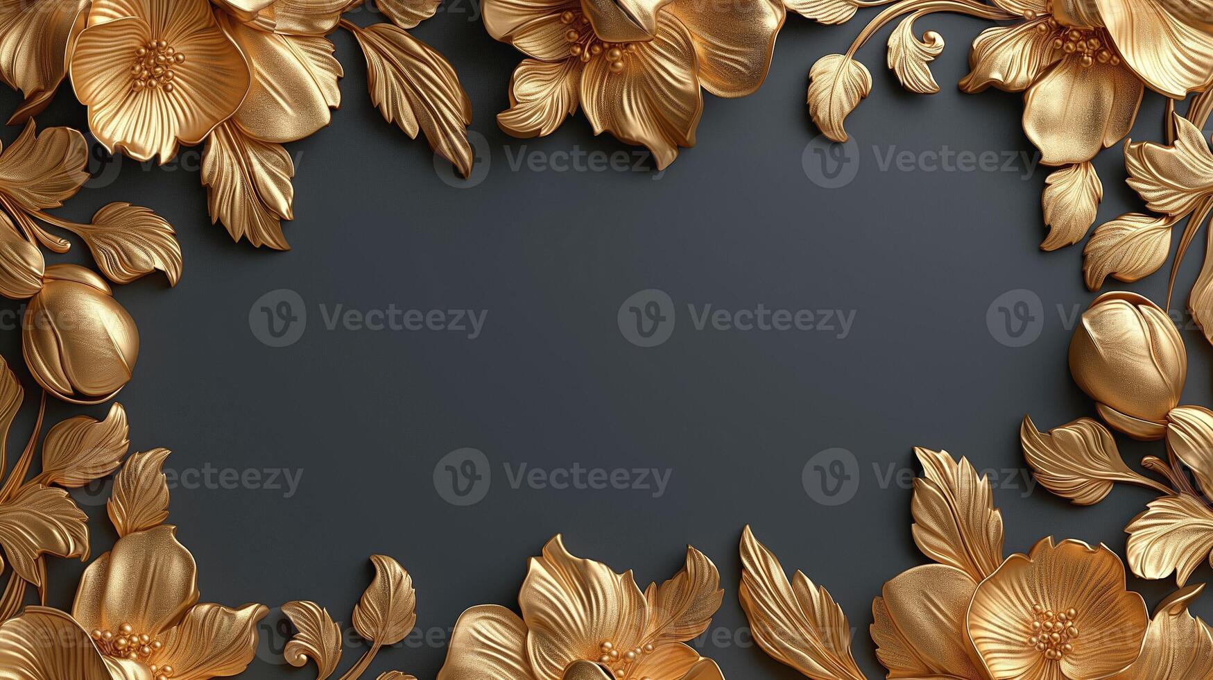A stunning golden floral frame with intricate detailing on a dark background, perfect for elegant invitations or decor. photo