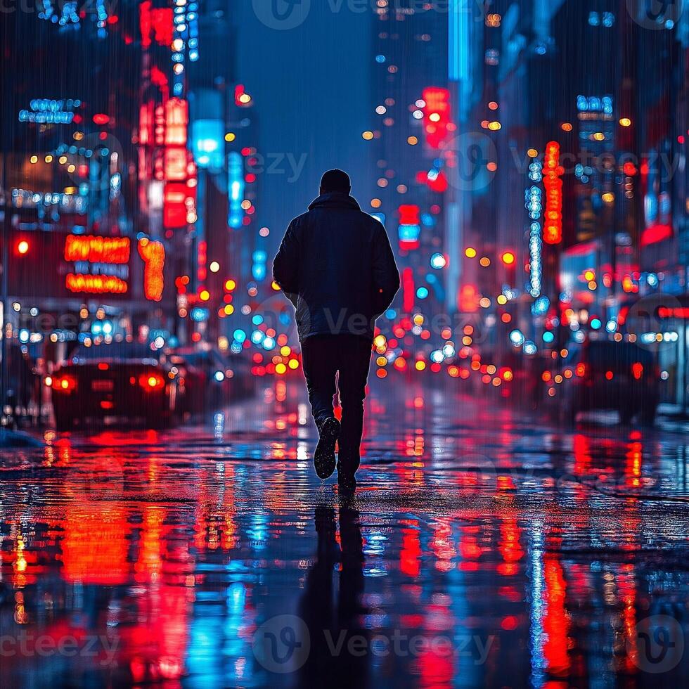 A solitary figure walks in the rain through a vibrant city street, illuminated by colorful neon lights. photo