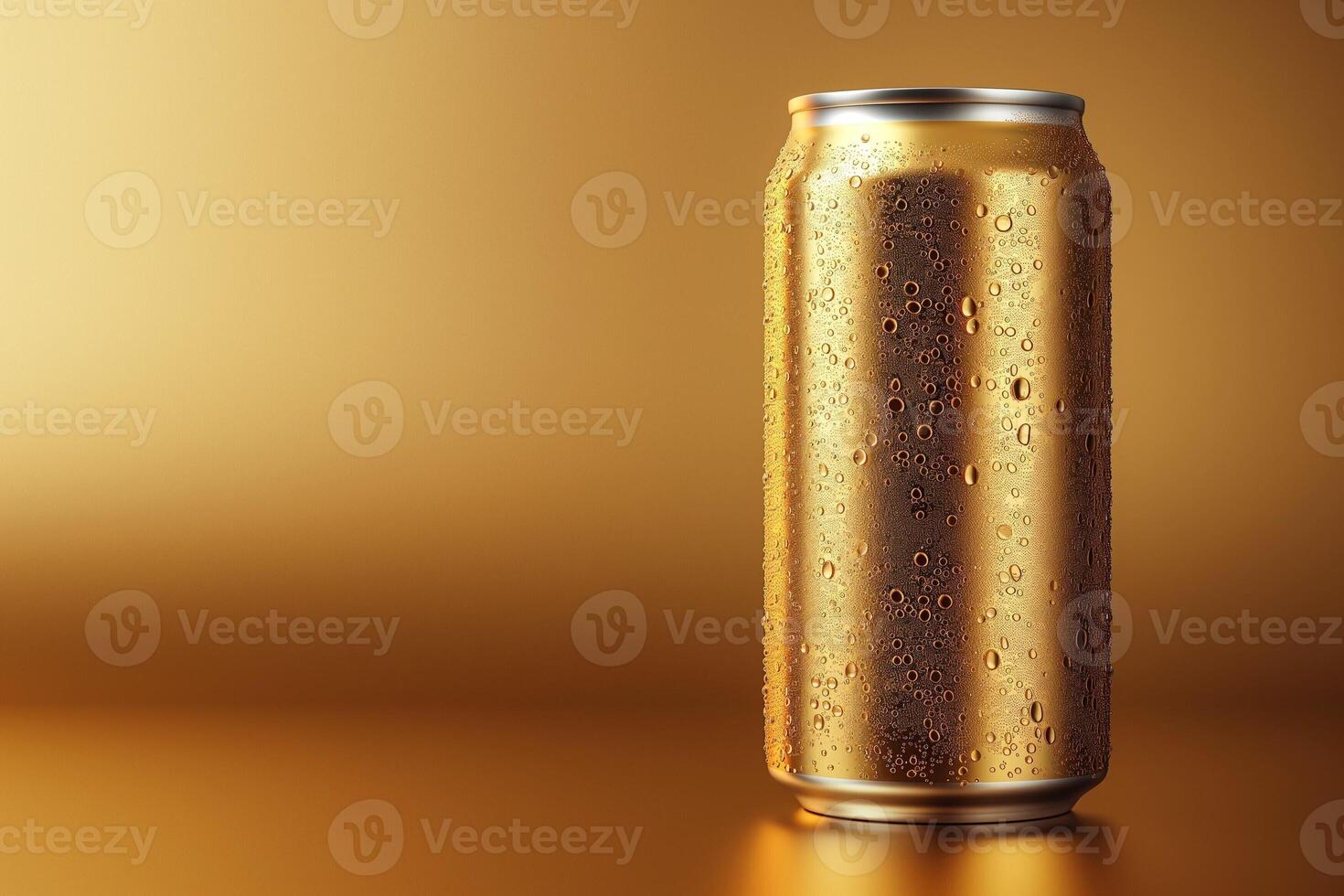 A sleek gold can covered in droplets, standing against a shimmering golden backdrop. photo