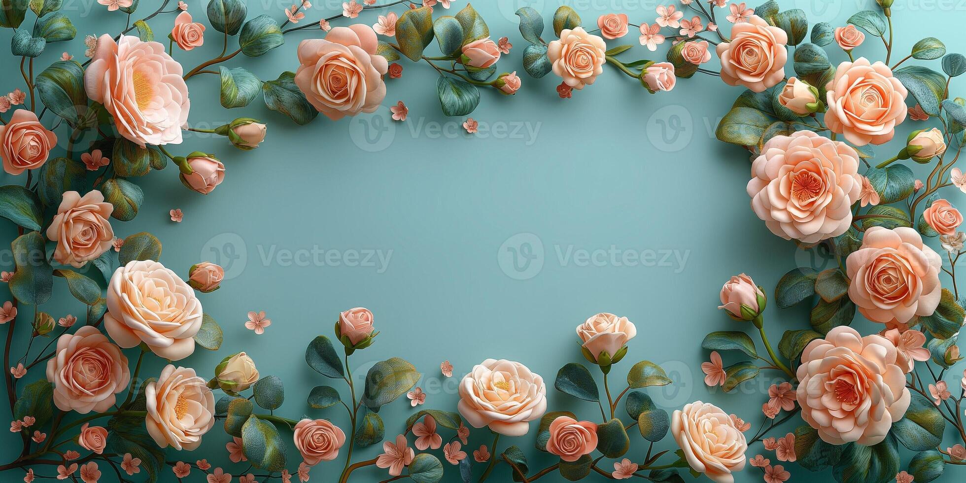 A stunning arrangement of blush roses and delicate blossoms on a soft teal backdrop. photo
