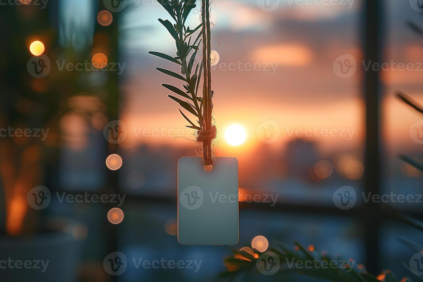 A serene sunset with a blank tag hanging from a branch, creating a warm and inviting atmosphere. photo