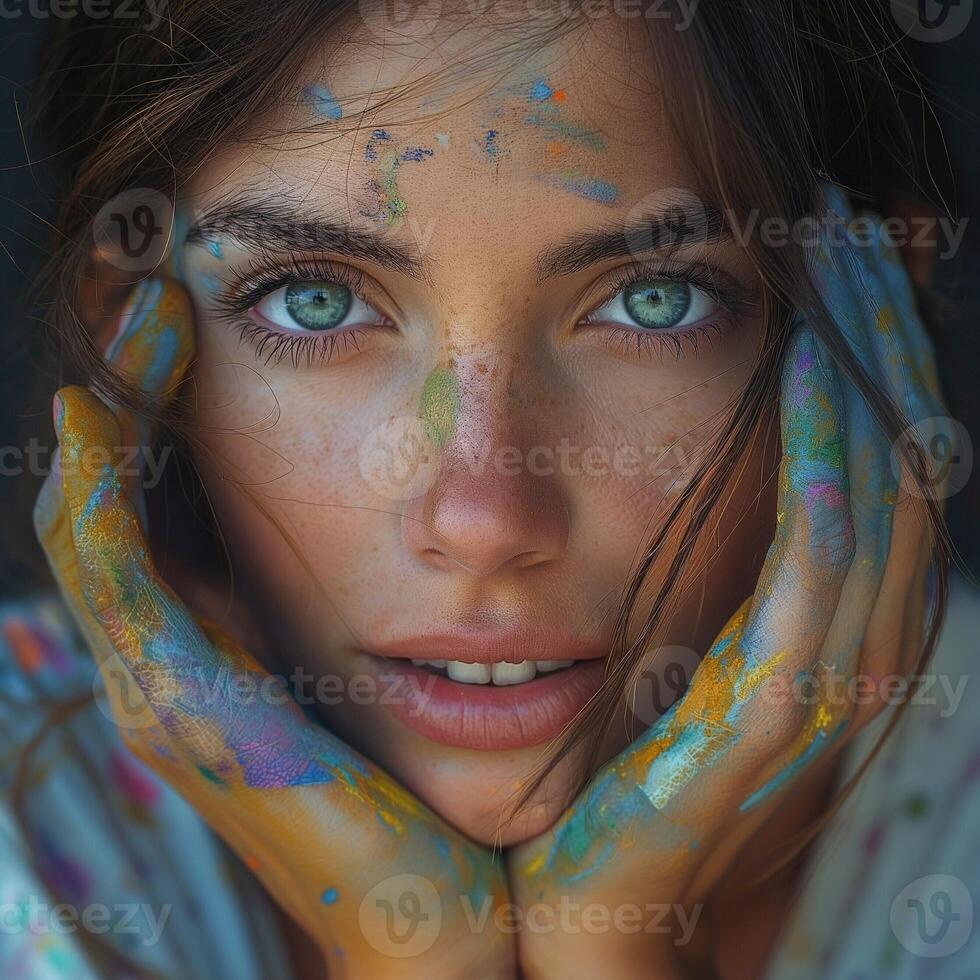 A young woman with striking blue eyes and paint-splattered hands, reflecting creativity and artistic expression. photo