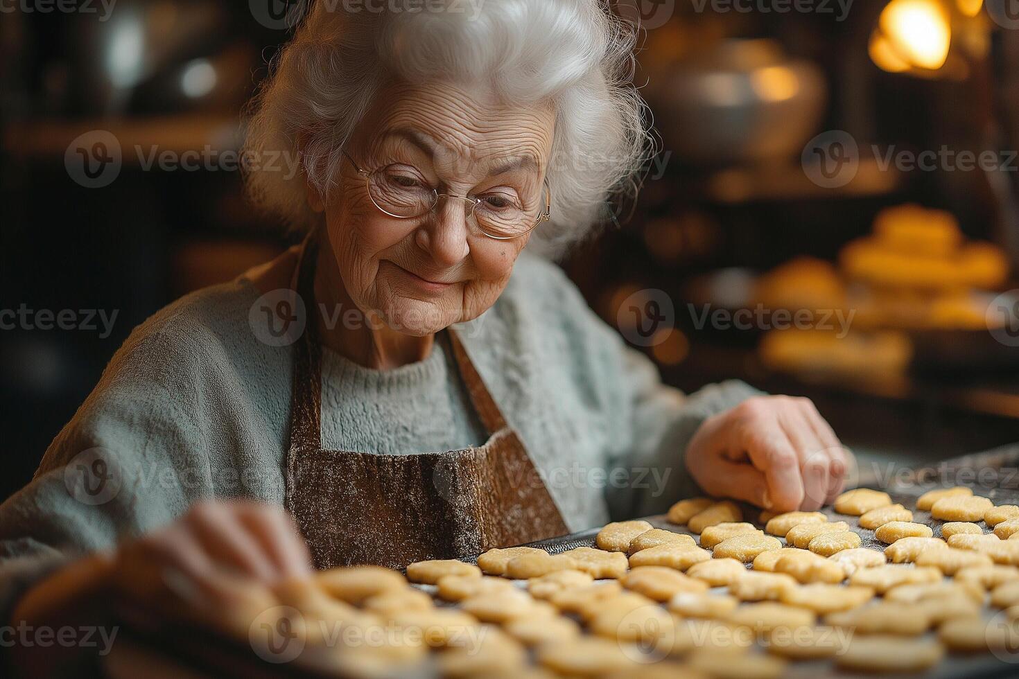 An elderly Caucasian woman in an apron lovingly arranges freshly baked cookies on a tray, showcasing her baking skills. photo